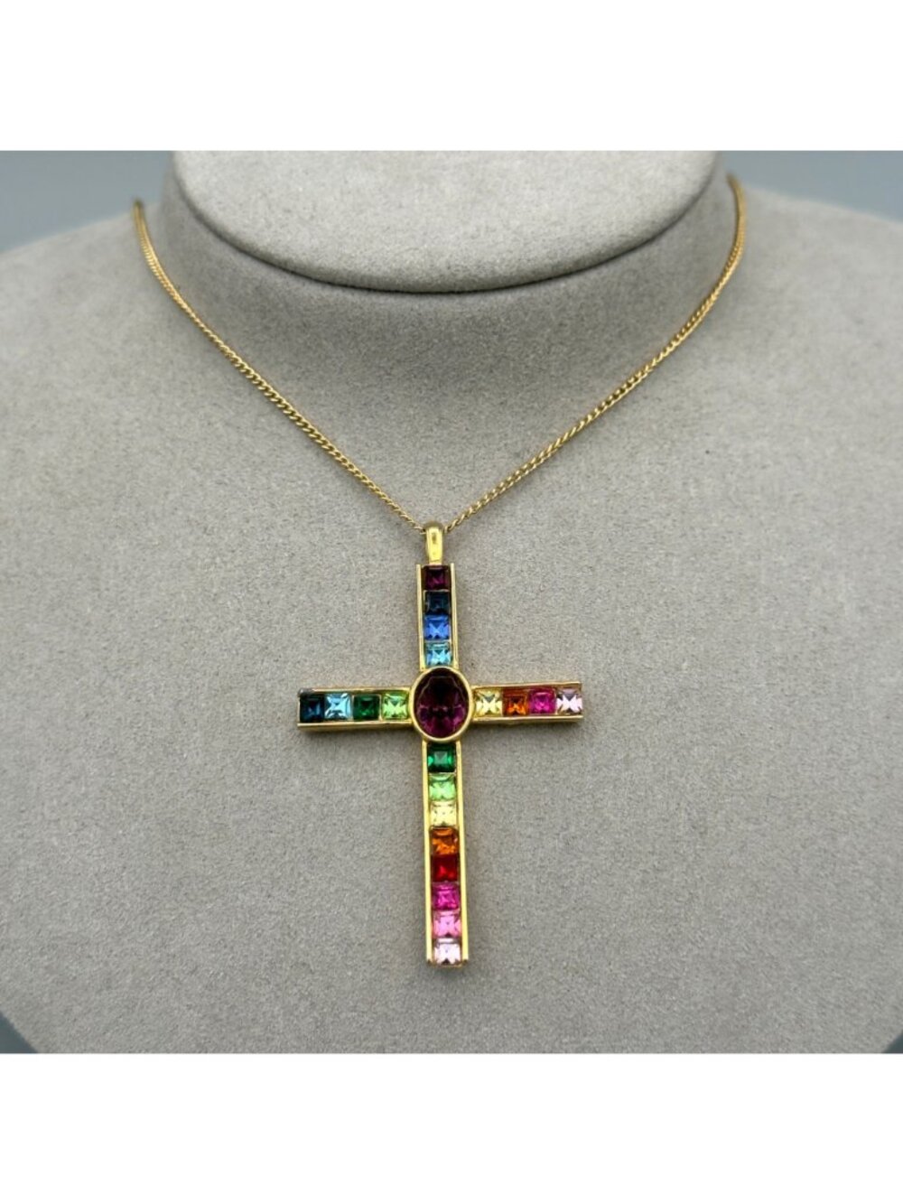 Vintage P S Co 1998 Gold Tone Multicolor Crystal Cross Pendant Necklace Rainbow - Picture 9 of 15